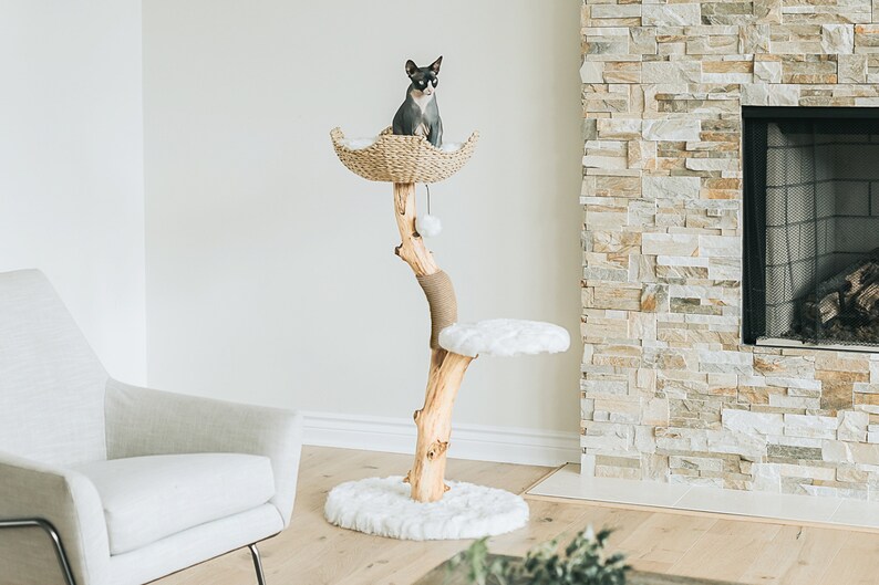 Cat Tree Tower, Modern Single Branch Cat Condo, Wood Cat Tree, Cat Climbing, Furniture For Cat, Cat Lover Gift, Cat Furniture,Cat Gift Mau White