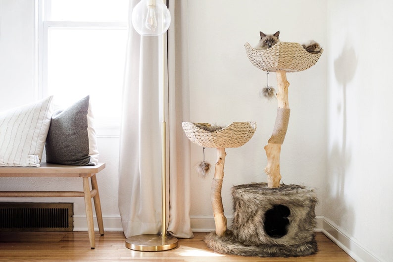 Wood Cat Tree Tower, Cat Climbing Tree, Furniture For Cat, Wooden Cat Condo, Unique Cat Tree, Cat Lover Gift, Cat Furniture, Cat Gift Mau Brown