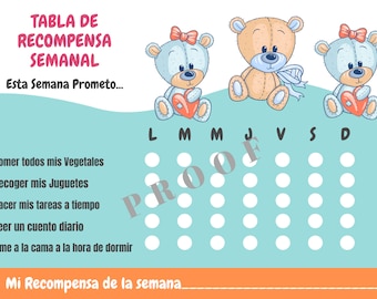Toddler Reward Chart Printable in Spanish, tabla de recompensa para ninos en espanol