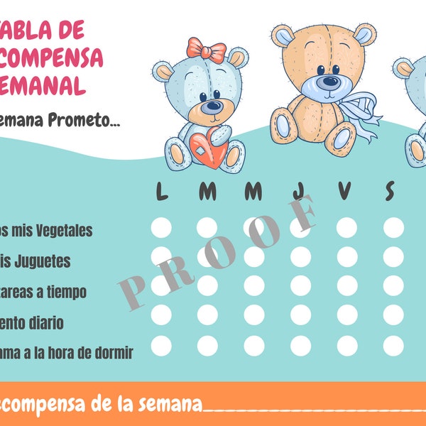 Toddler Reward Chart Printable in Spanish, tabla de recompensa para ninos en espanol