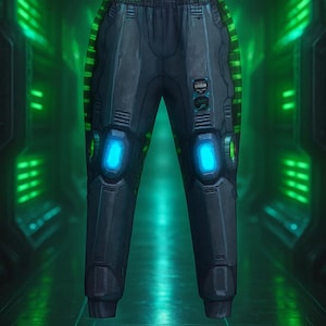 May include: Dark gray futuristic pants with neon green accents and glowing blue knee pads. The pants have a drawstring waist and the word "ORION" is visible on the right leg. The design suggests a sci-fi or gaming theme.