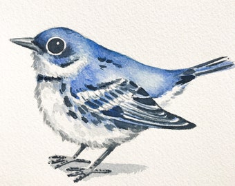 Cerulean Warbler Original Watercolor Painting / Cute bird painting / Warbler watercolor painting / Blue bird painting / Gift for bird lover