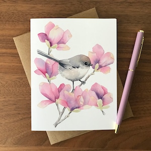 Carte de voeux métis en magnolias / Carte oiseau / Carte vierge / Carte oiseau aquarelle / Carte de remerciement / Carte d'anniversaire / Carte de fête des Mères