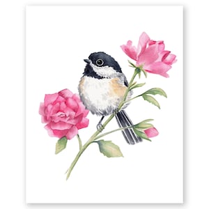 Floral Chickadee Watercolor Art Print / Watercolor Chickadee Print / Gift for Bird Lovers/ Chickadee Bird Print / Gift for Nature Lovers