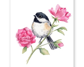 Floral Chickadee Watercolor Art Print