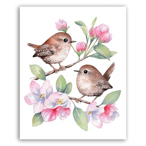 2羽の春のミソサザイの水彩画アートプリント / 鳥と花の水彩画 / 鳥のアートプリント / 水彩画の鳥 / 鳥のギフト / ミソサザイの絵画