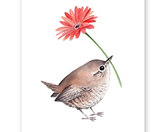 Lámina artística en acuarela de un reyezuelo con una flor.