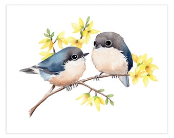 Two Nuthatches Art Print / Bird and Flower Watercolor / Bird Art Print / Watercolor bird / Bird Gift