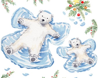 8" x 8" Polar Bear Snow Angels Watercolor Art Print /  Polar Bear Watercolor Illustration / Gift for Animal Lover / Cute animal painting