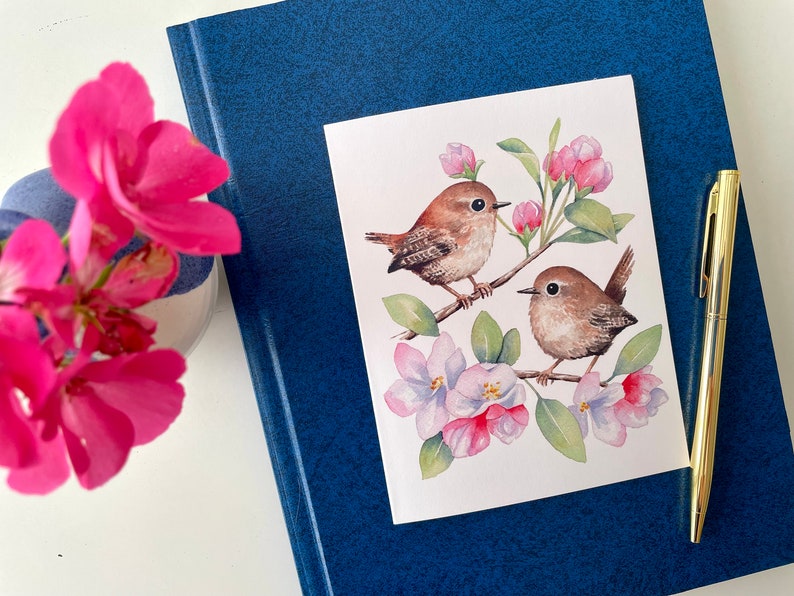 Spring Wrens Greeting Card / Watercolor Card / Bird Card / Blank Card / Watercolor bird card / Art Card / Thank you Card / Birthday Card image 6