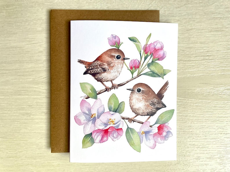 Spring Wrens Greeting Card / Watercolor Card / Bird Card / Blank Card / Watercolor bird card / Art Card / Thank you Card / Birthday Card image 4