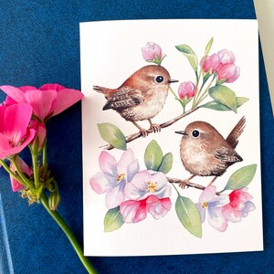 Spring Wrens Greeting Card / Watercolor Card / Bird Card / Blank Card / Watercolor bird card / Art Card / Thank you Card / Birthday Card image 3