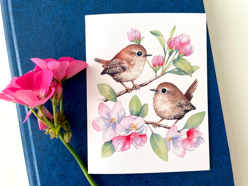Spring Wrens Greeting Card / Watercolor Card / Bird Card / Blank Card / Watercolor bird card / Art Card / Thank you Card / Birthday Card image 3