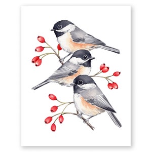 Black-capped Chickadees with berries Watercolor Print / 8&quot;x10&quot; Bird watercolor print / Gift for Bird Lover / Cute bird painting / Bird Art