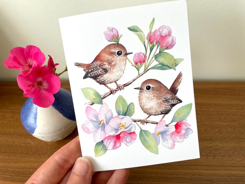 Spring Wrens Greeting Card / Watercolor Card / Bird Card / Blank Card / Watercolor bird card / Art Card / Thank you Card / Birthday Card image 5