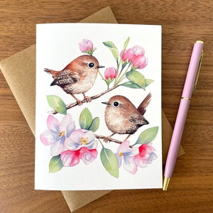 Spring Wrens Greeting Card / Watercolor Card / Bird Card / Blank Card / Watercolor bird card / Art Card / Thank you Card / Birthday Card image 2