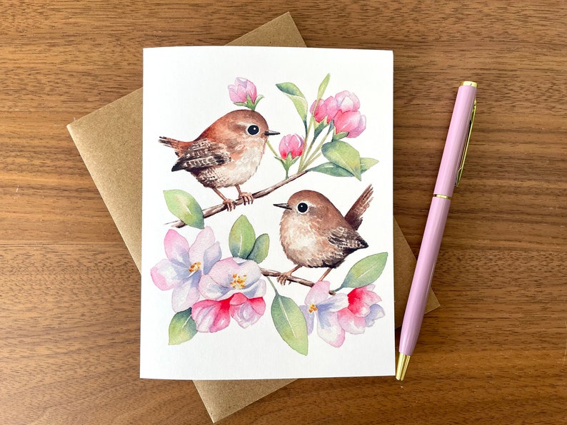 Spring Wrens Greeting Card / Watercolor Card / Bird Card / Blank Card / Watercolor bird card / Art Card / Thank you Card / Birthday Card image 2