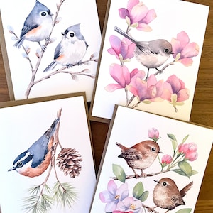 Set di 4 biglietti illustrati con uccelli / Pacchetto di biglietti con uccelli / Pacchetto di uccelli / Pacchetto di biglietti con uccelli acquerellati / Biglietti di auguri con uccelli / Biglietti di auguri vuoti illustrati