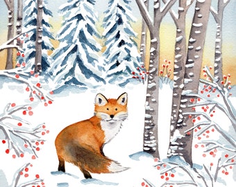 Winter Fox Watercolor Art Print