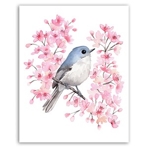 桜の中のブヨ捕り 水彩画アートプリント / 鳥と花の水彩画 / 鳥のアートプリント / 水彩画の鳥 / 鳥のギフト