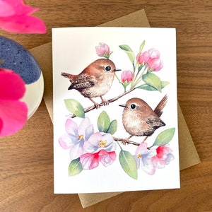 Spring Wrens Greeting Card / Watercolor Card / Bird Card / Blank Card / Watercolor bird card / Art Card / Thank you Card / Birthday Card image 1