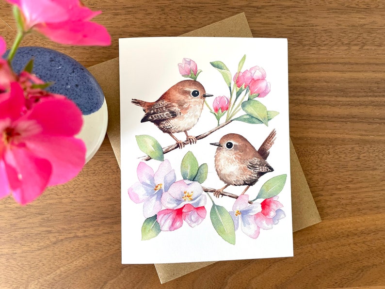 Spring Wrens Greeting Card / Watercolor Card / Bird Card / Blank Card / Watercolor bird card / Art Card / Thank you Card / Birthday Card image 1