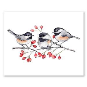 Three Chickadees on a Branch Art Print / Chickadee art Print / Cute Chickadee Art / Watercolor Chickadees / Gift for bird Lovers