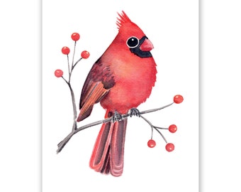 Cardinal Art Print / Watercolor Cardinal / Cardinal Art / Watercolor bird / Bird Art / Christmas bird art / Cardinal Painting / Cardinal