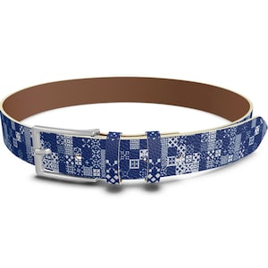 Blue Leather Belt with geometric Print, Handmade Mens Belt by Melsinki, Gift for men