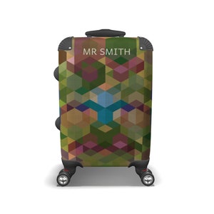 Personalized Luggage, Green Geometric Rolling Luggage, Carry on Suitcase, Weekender bag, Travel Gift for Men, gift for him CSG image 1