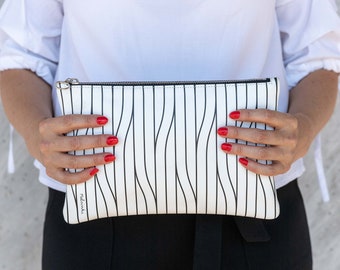White Leather Clutch Bag, Striped Leather Purse, Gift for women #WTL