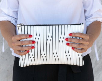 Striped White Leather Clutch: Handmade Purse
