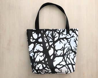 Grand sac fourre-tout en toile, sac à provisions imprimé arbre noir et blanc, sac de plage, cadeau unique