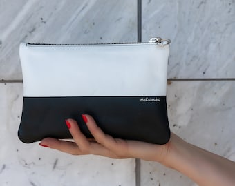 Minimalist Leather Clutch Bag in Black and White, Leather Purse, Birthday Gift for Women #LAS
