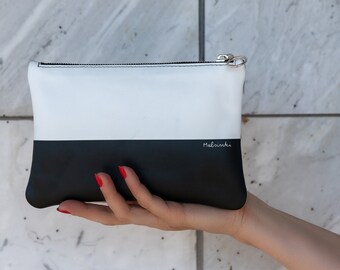 Minimalist Leather Clutch Bag in Black and White, Leather Purse, Birthday Gift for Women #LAS