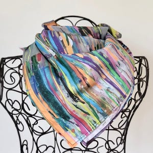 Colorful Abstract Art Scarf, Multicolor Silk Satin Square Scarf, Drip Paint Design Scarf, Artistic Statement Wrap, 65cm / 90cm, Gift for her