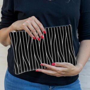 Minimalist Black Leather Pouch, Designer Zip Clutch, Elegant Wristlet Bag, Vegan Leather Pouch, Monochrome Striped Pattern, Gift for her