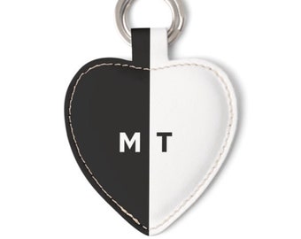 Personalized Keychain, Leather Heart Keyring, Black and White Leather Key Fob, New home Gift #LAS