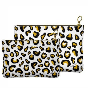 Leopard Print Leather Pouch, Clutch Bag, Animal Print Makeup Bag, Zipper Pouch, Safari Purse, Cheetah Print Wristlet, Trendy Cosmetic Bag