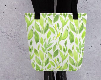 Green Botanical Leaf Print Canvas Tote bag, Shoulder Bag