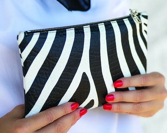 Black and white Zebra Print Leather Clutch Bag, Handmade Leather Pouch, Zebra Lover Gift  #ZS