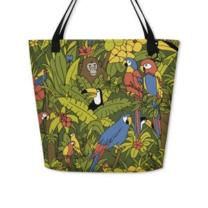 Jungle Print Beach Bag, Parrot Tote Bag, Reusable Grocery Bag, Summer Bag
