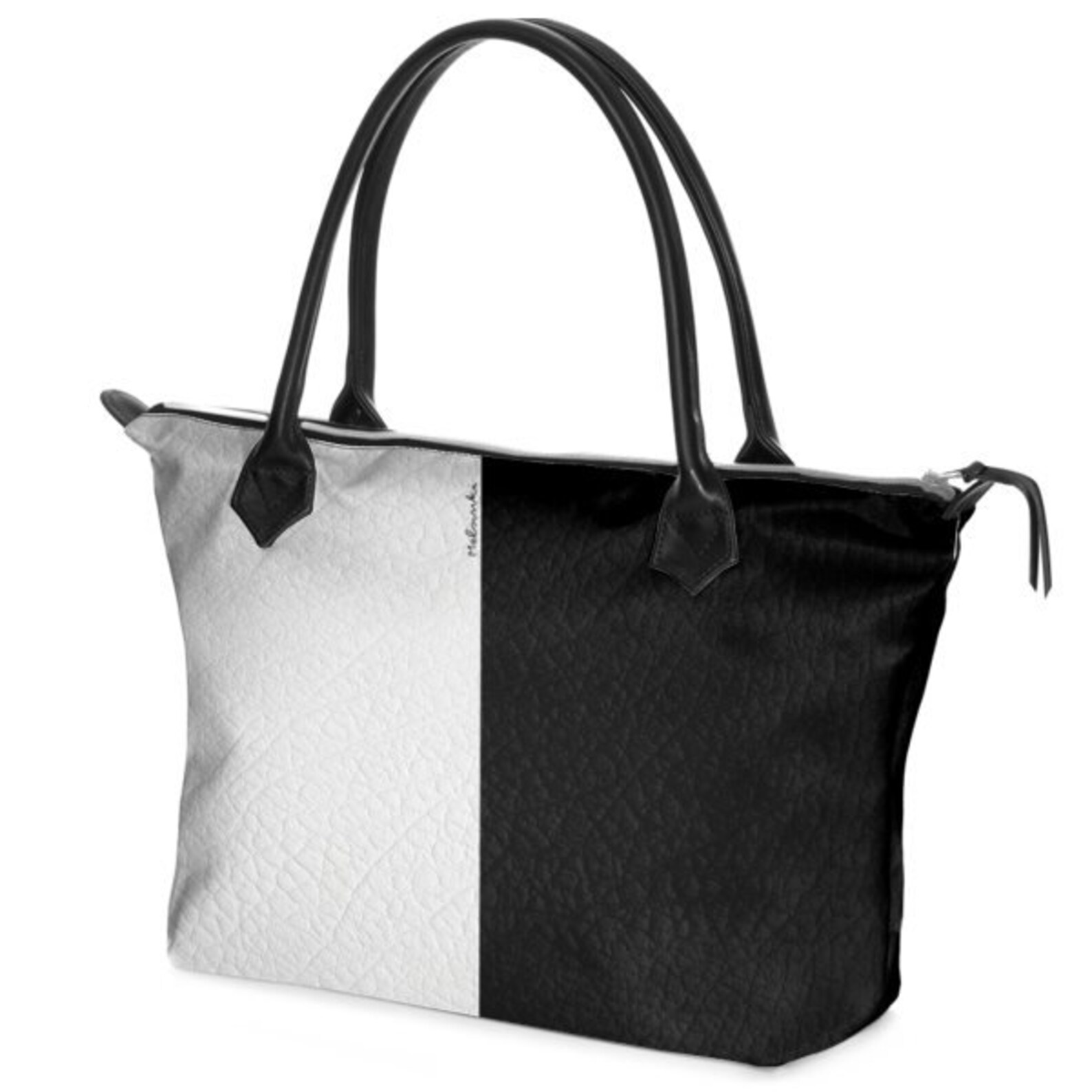 Black and White Leather Handbag, Handmade Leather Tote Bag With Zipper by Melsinki, Weekender