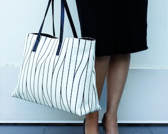 Handmade Nappa Leather Tote Bag: Black & White Striped, Made in London