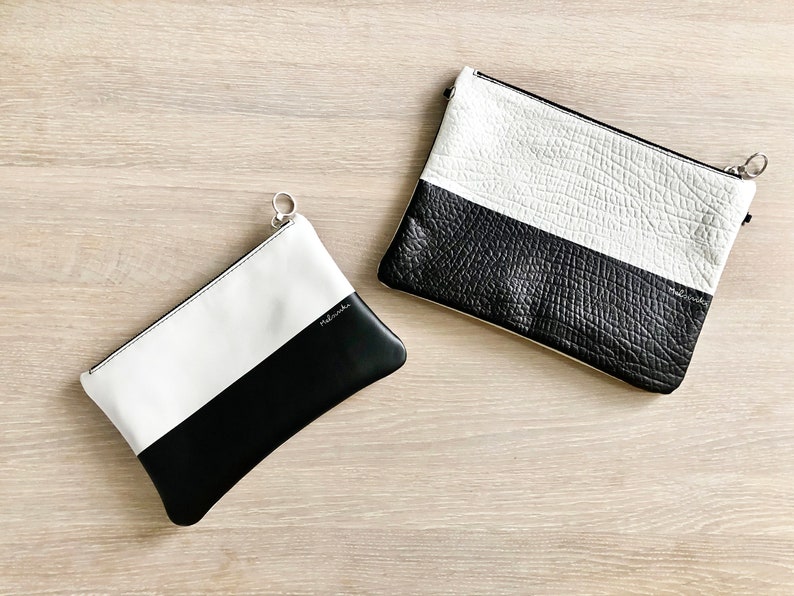 Black and White Leather Makeup Bag, Mod Cosmetic Bag, Leather Clutch