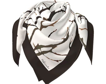 Black and White Tree Print Scarf, Brown and White silk scarf, Head scarf, Hair Scarf, 65 cm, 90 cm, Unique gift for her, Melsinki Scarf #WLG