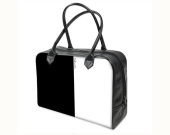 Black and White Leather Holdall Bag, Travel Bag, Overnight Bag, Handmade Weekender bag by Melsinki, Birthday Gift for men #LAS