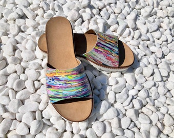 Colorful Leather Sandals, Rainbow Color Leather slides  #RV