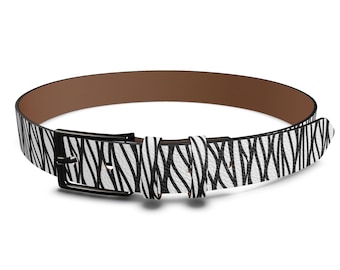 Handmade Black and White Leather Belt: Mottled Buckle, Melsinki Design