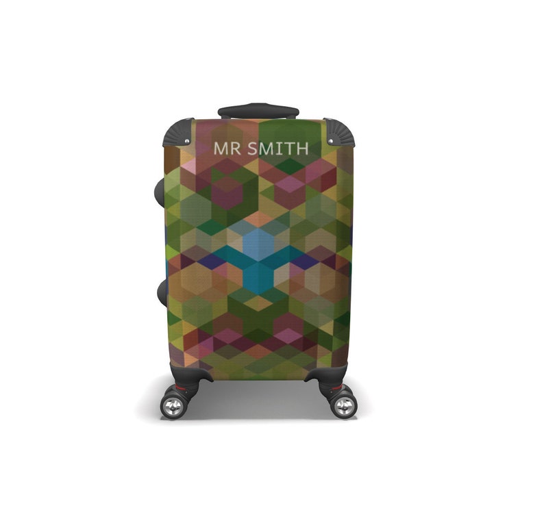 Personalized Luggage, Green Geometric Rolling Luggage, Carry on Suitcase, Weekender bag, Travel Gift for Men, gift for him CSG image 1